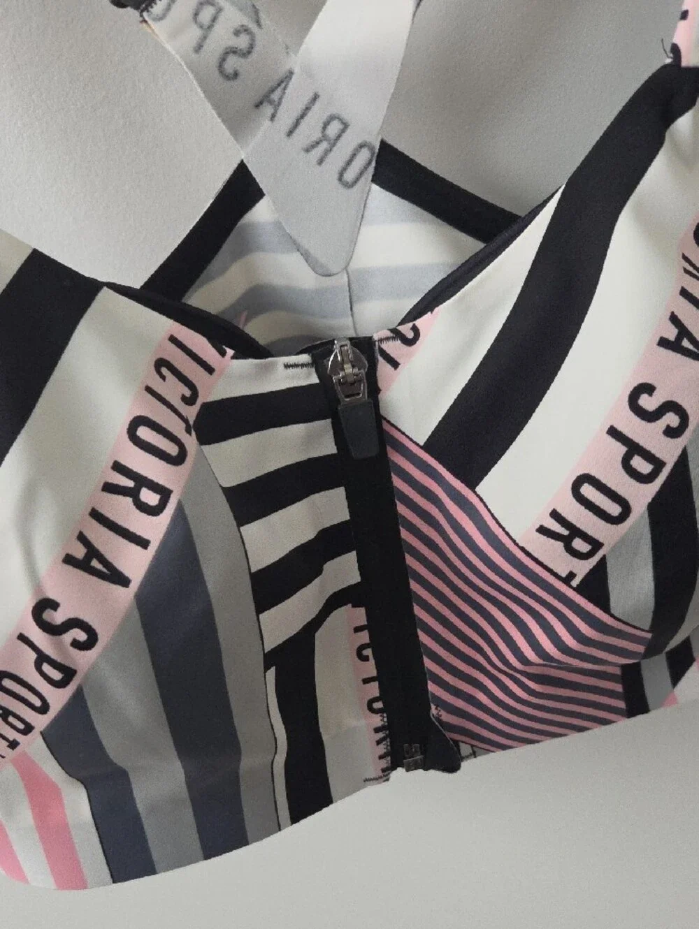 NWT Victoria Secret Pink & Black Striped Front-Zip Sports Bra